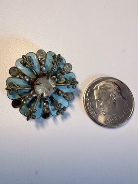 Vintage Turquoise Enamel Flower Brooch with Crystal Center
